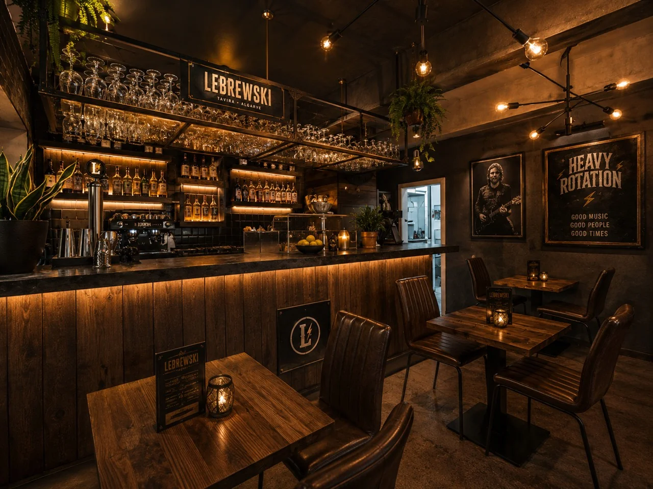 Approved second-room concept with timber tables, a warmly lit bar and Heavy Rotation artwork