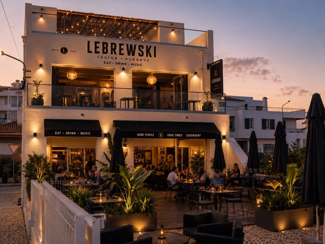 Approved Lebrewski exterior concept with warm terrace lighting and original Tavira signage